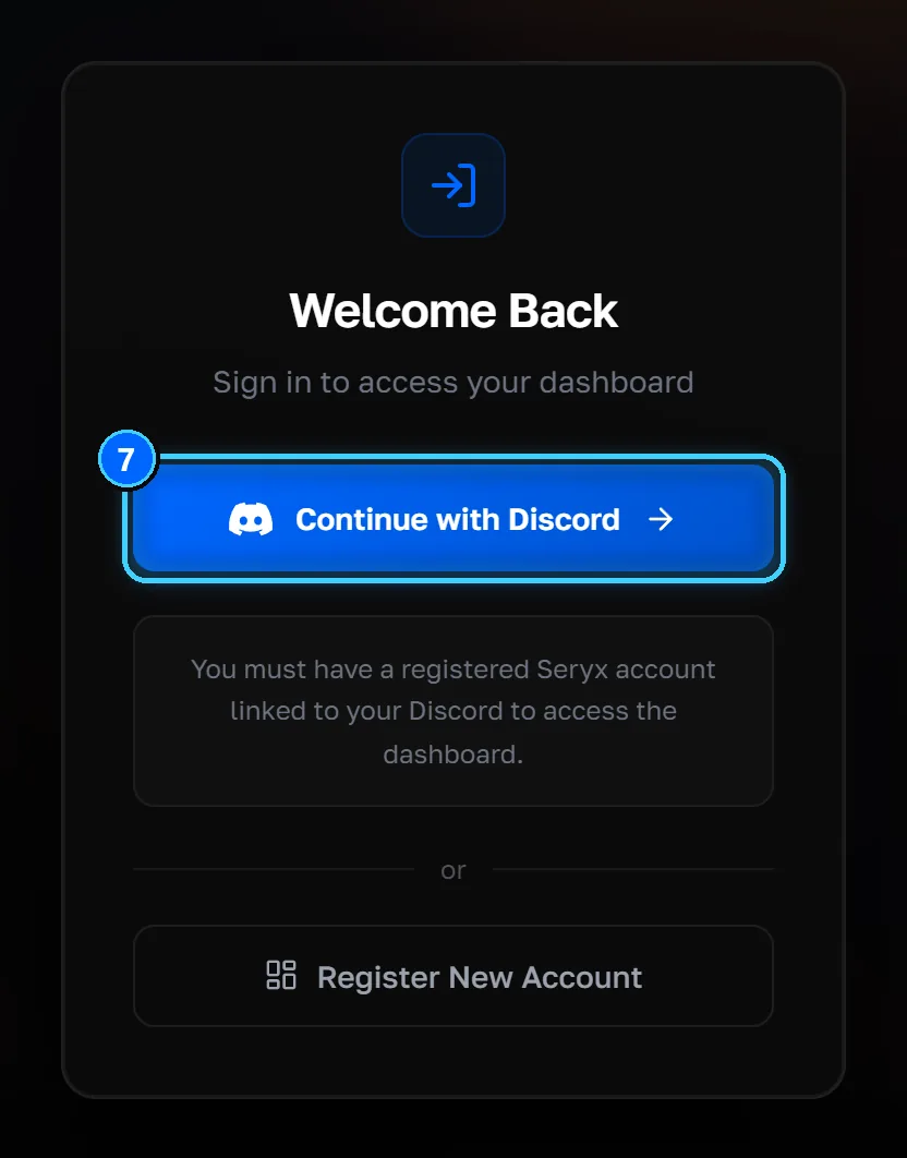 The SERYX dashboard login page with the Continue with Discord button highlighted
