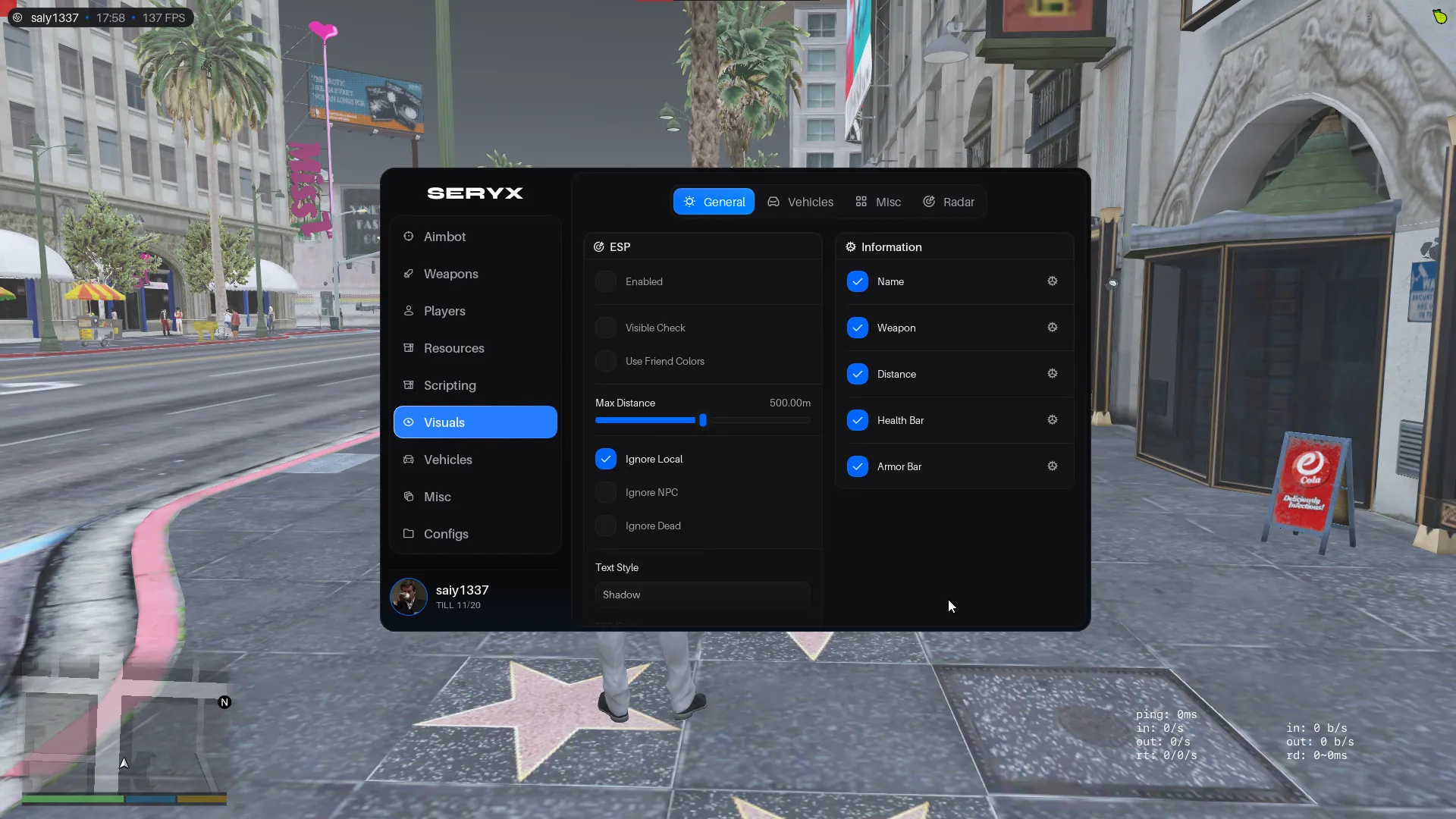 SERYX FiveM mod menu open in game on the Visuals tab, showing ESP settings and player information toggles