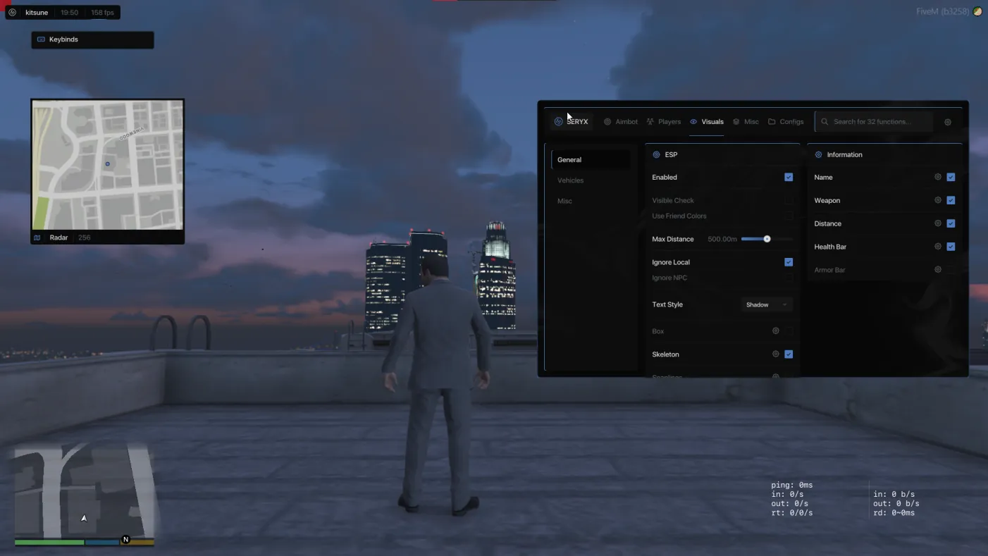 FiveM on the player's screen with the SERYX menu open on the Visuals tab, a radar window and a keybind list visible
